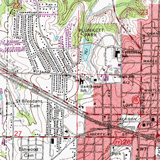 Topographic Map of Hawthorne Elementary School, MO