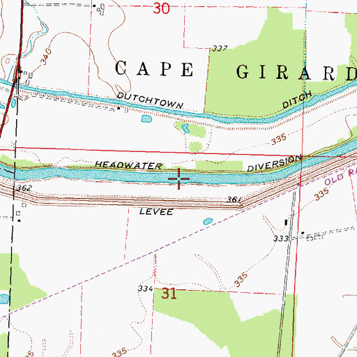 Topographic Map of Headwater Diversion Channel, MO