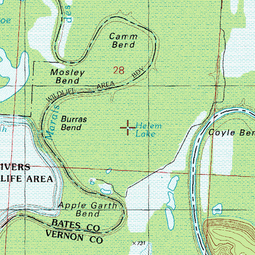 Topographic Map of Helem Lake, MO