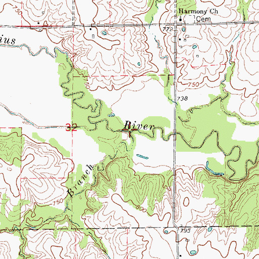 Topographic Map of Hickory Branch, MO