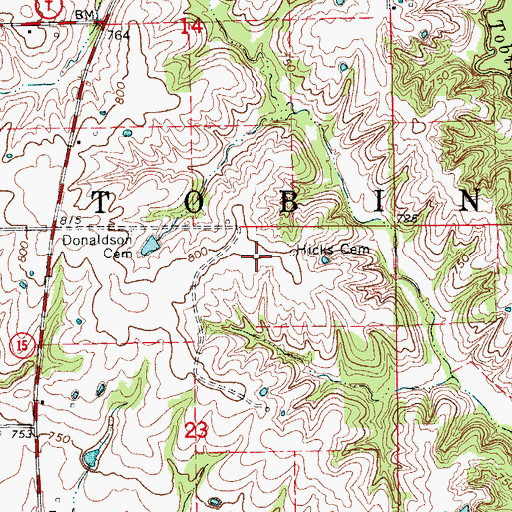 Topographic Map of Hicks Cemetery, MO