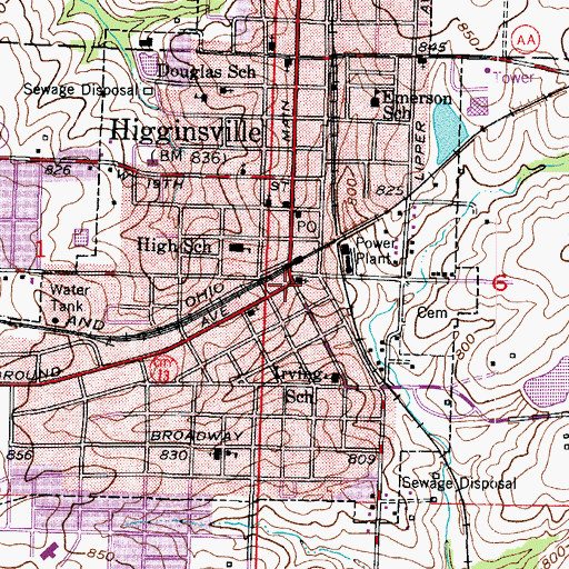 Topographic Map of Higginsville, MO