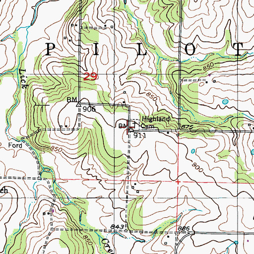 Topographic Map of Highland Cemetery, MO