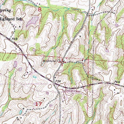 Topographic Map of Highland Church, MO