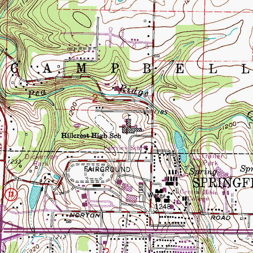 Topographic Map of Hillcrest High School, MO