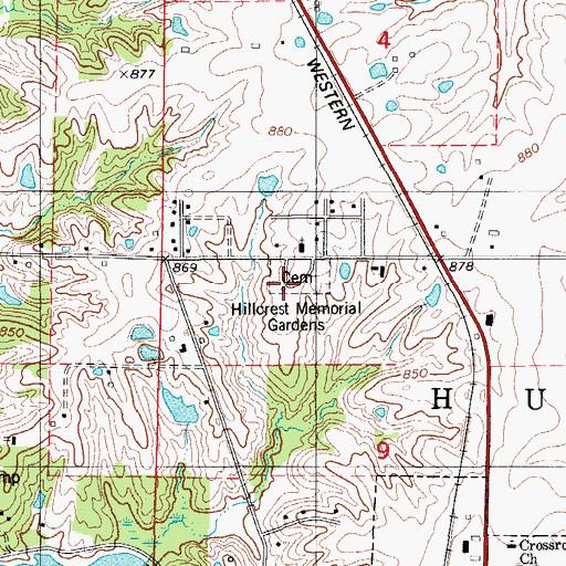 Topographic Map of Hillcrest Memorial Gardens, MO