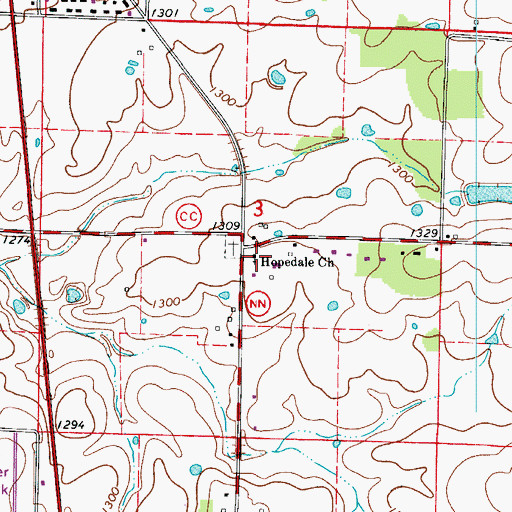 Topographic Map of Hopedale Church, MO