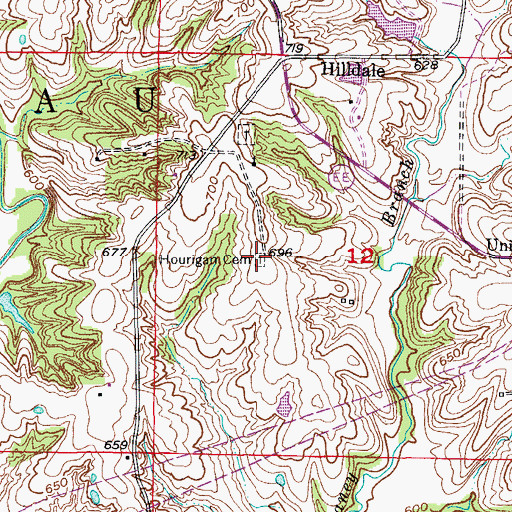 Topographic Map of Hourigan Cemetery, MO