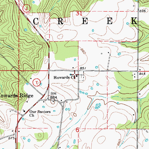 Topographic Map of Howards Church, MO