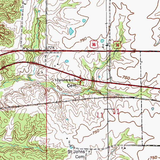 Topographic Map of Hunnewell Cemetery, MO