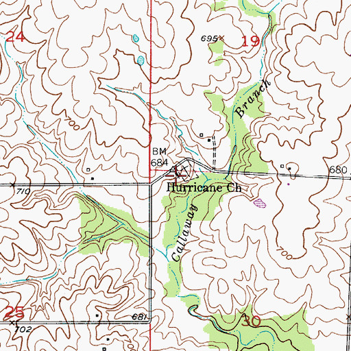 Topographic Map of Hurricane Church, MO
