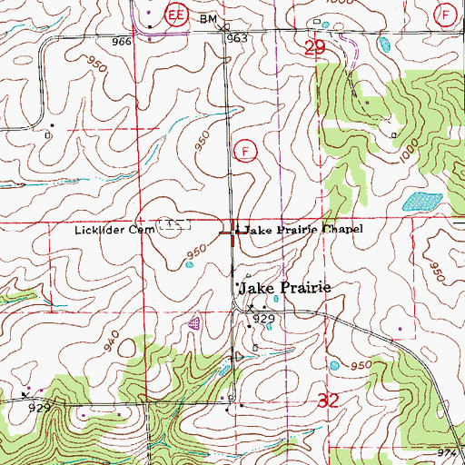 Topographic Map of Jake Prairie Chapel, MO