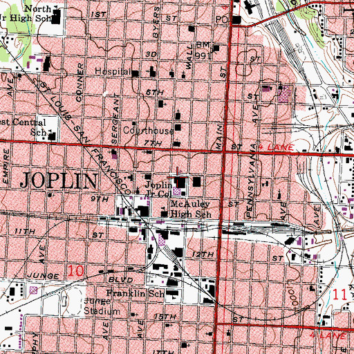 Topographic Map of Memorial Middle School, MO