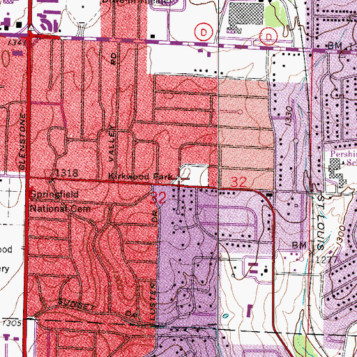 Topographic Map of Kirkwood Cemetery, MO