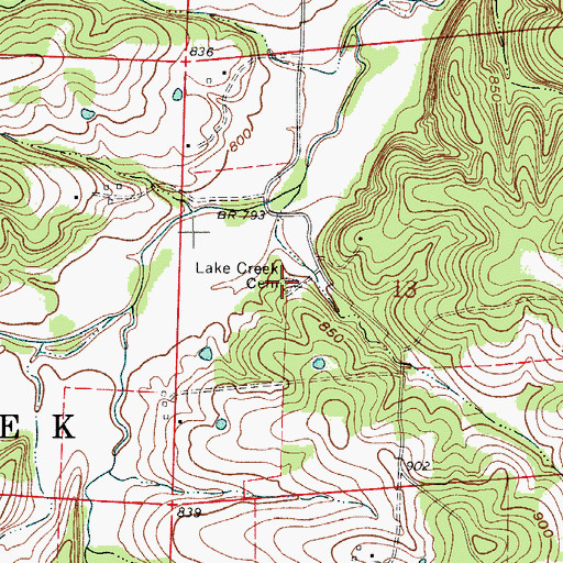 Topographic Map of Lake Creek Cemetery, MO