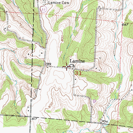 Topographic Map of Lamine Church, MO