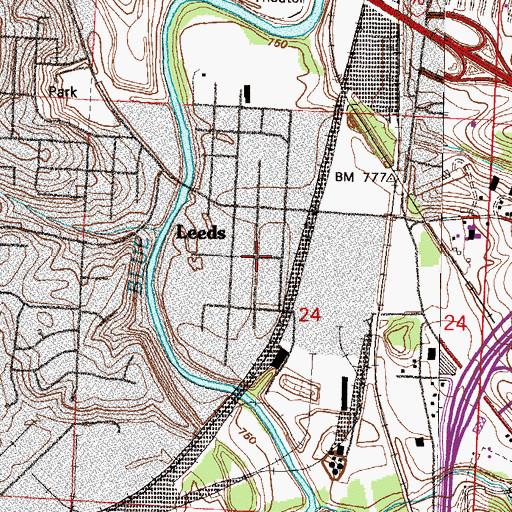 Topographic Map of Leeds, MO
