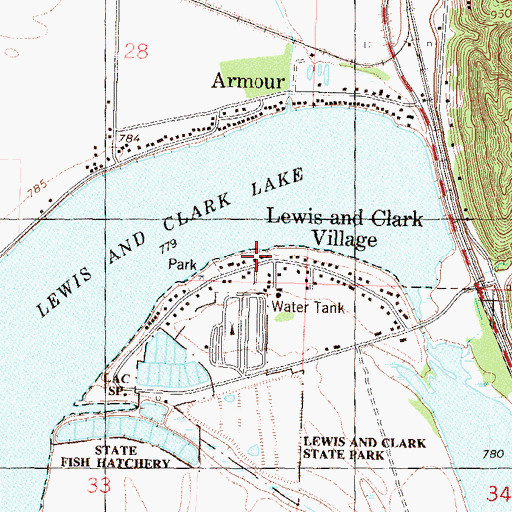 Topographic Map of Lewis and Clark Village, MO