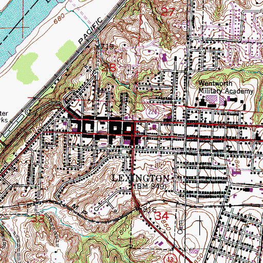 Topographic Map of Lexington, MO