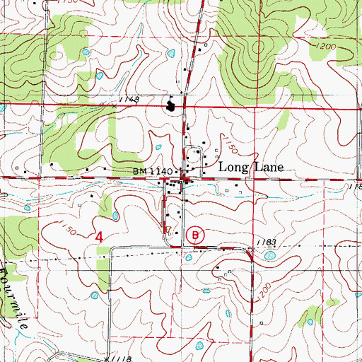 Topographic Map of Long Lane, MO