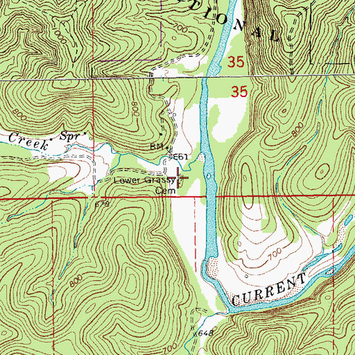 Topographic Map of Lower Grassy Cemetery, MO