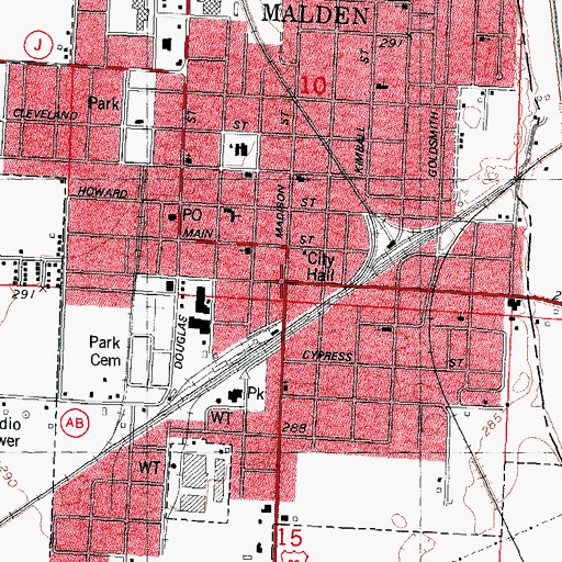 Topographic Map of Malden, MO