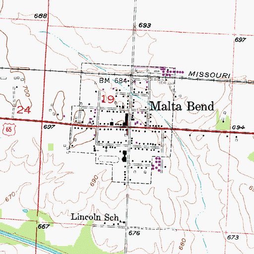 Topographic Map of Malta Bend, MO