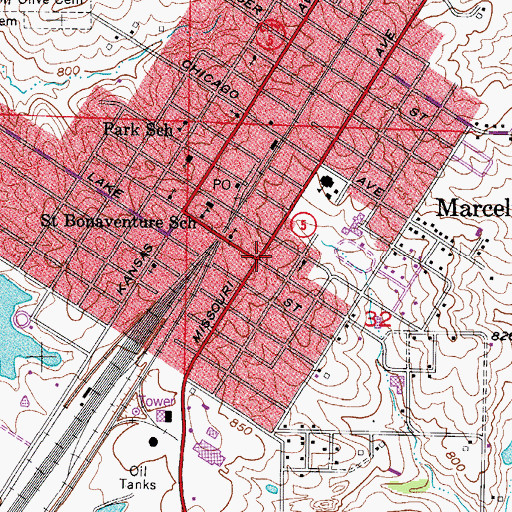 Topographic Map of Marceline, MO