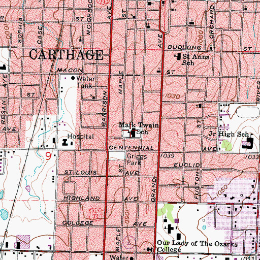 Topographic Map of Mark Twain Elementary School, MO