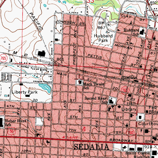 Topographic Map of Mark Twain School, MO