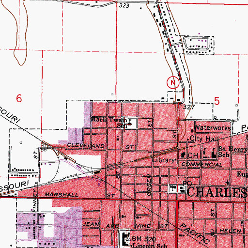 Topographic Map of Mark Twan School, MO