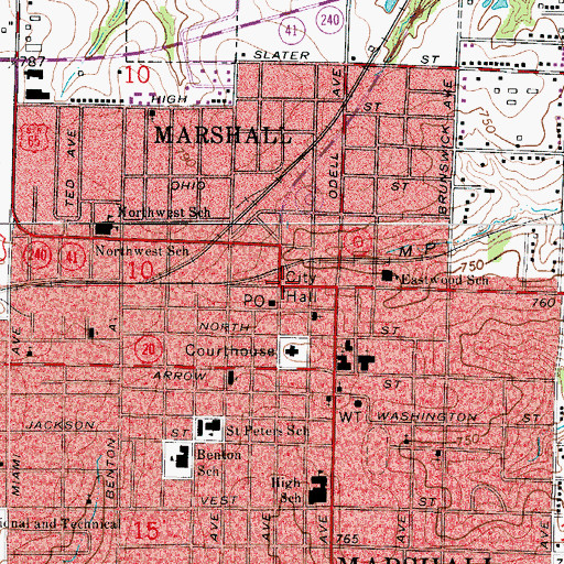 Topographic Map of Marshall, MO