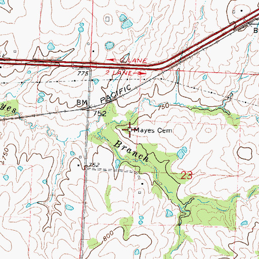 Topographic Map of Mayes Cemetery, MO