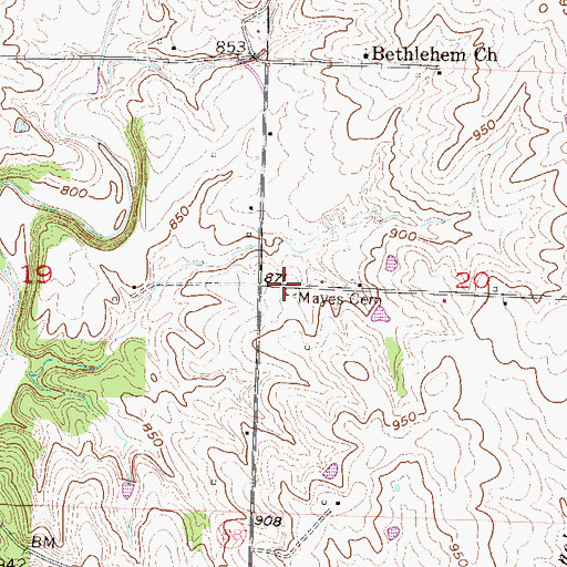Topographic Map of Mayes Cemetery, MO