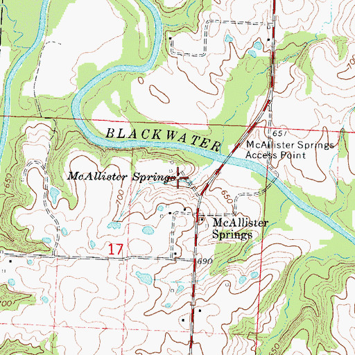 Topographic Map of McAllister Springs, MO