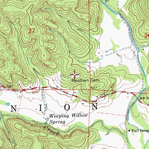 Topographic Map of Meadows Cemetery, MO