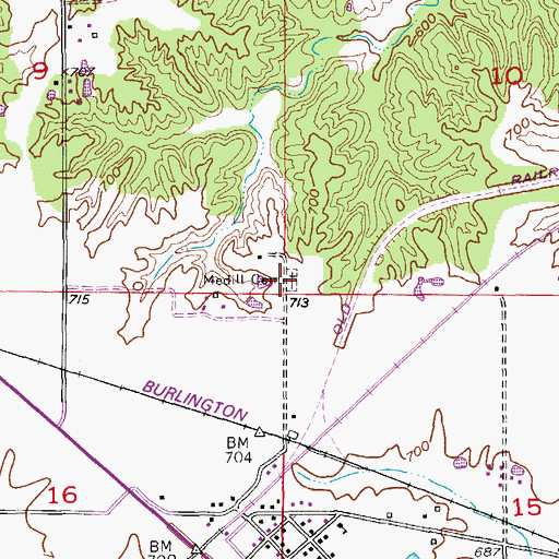Topographic Map of Medill Cemetery, MO