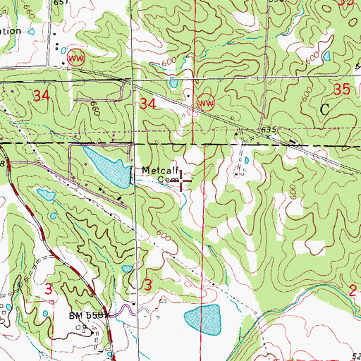 Topographic Map of Metcall Cemetery, MO