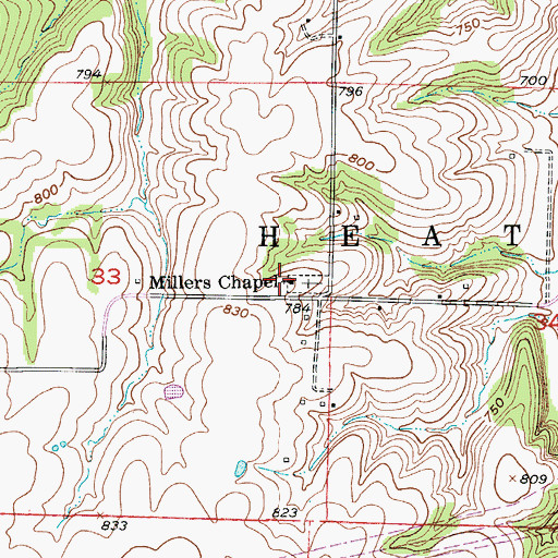 Topographic Map of Milers Chapel, MO