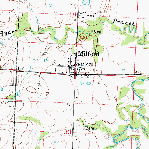 Topographic Map of Milford, MO