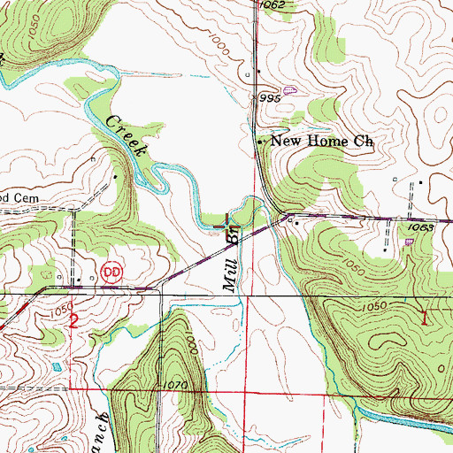 Topographic Map of Mill Branch, MO