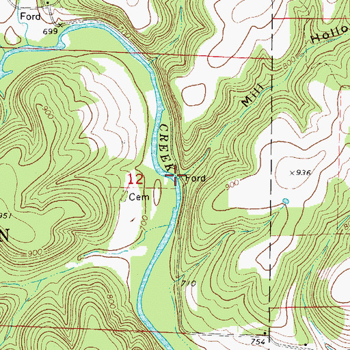 Topographic Map of Mill Hollow, MO