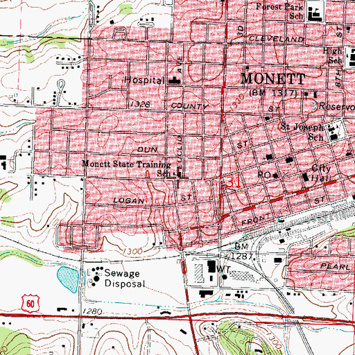 Topographic Map of Monett State Training School (historical), MO