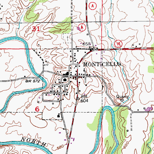 Topographic Map of Monticello, MO