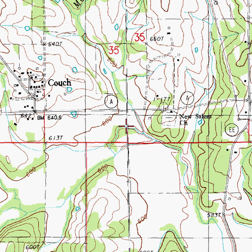 Topographic Map of Mooney Branch, MO