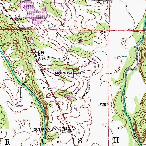 Topographic Map of Morris Cemetery, MO