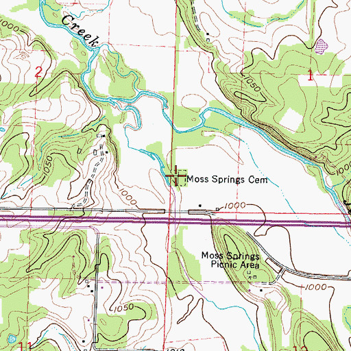 Topographic Map of Moss Springs Cemetery, MO