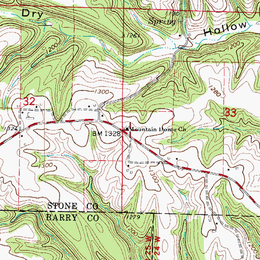 Topographic Map of Mountain Home Church, MO