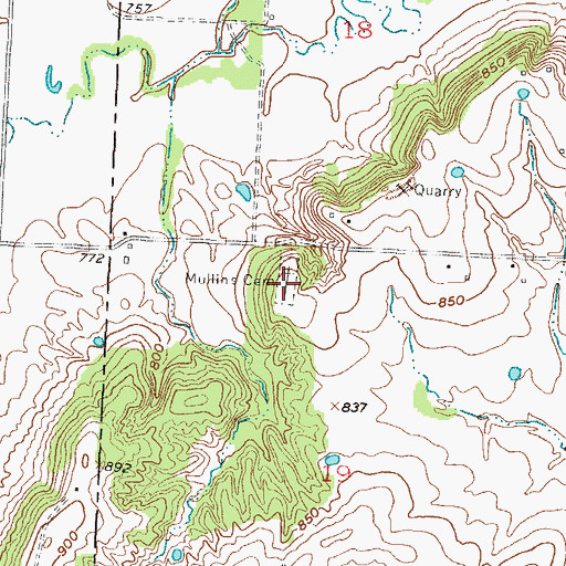 Topographic Map of Mullins Cemetery, MO