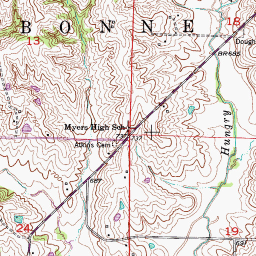 Topographic Map of Myers High School (historical), MO